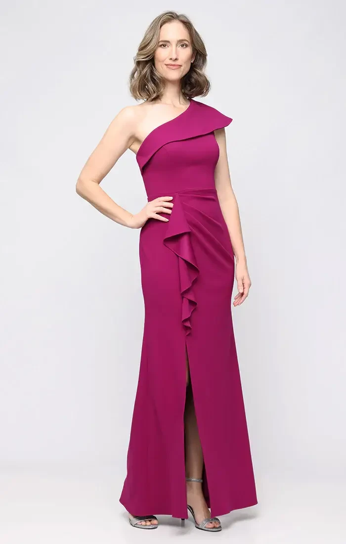 model is wearing a one shoulder hot pink mothers dress