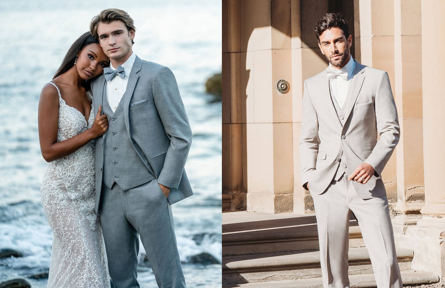 Сouple wearing a white gown and a gray suit. Mobile image