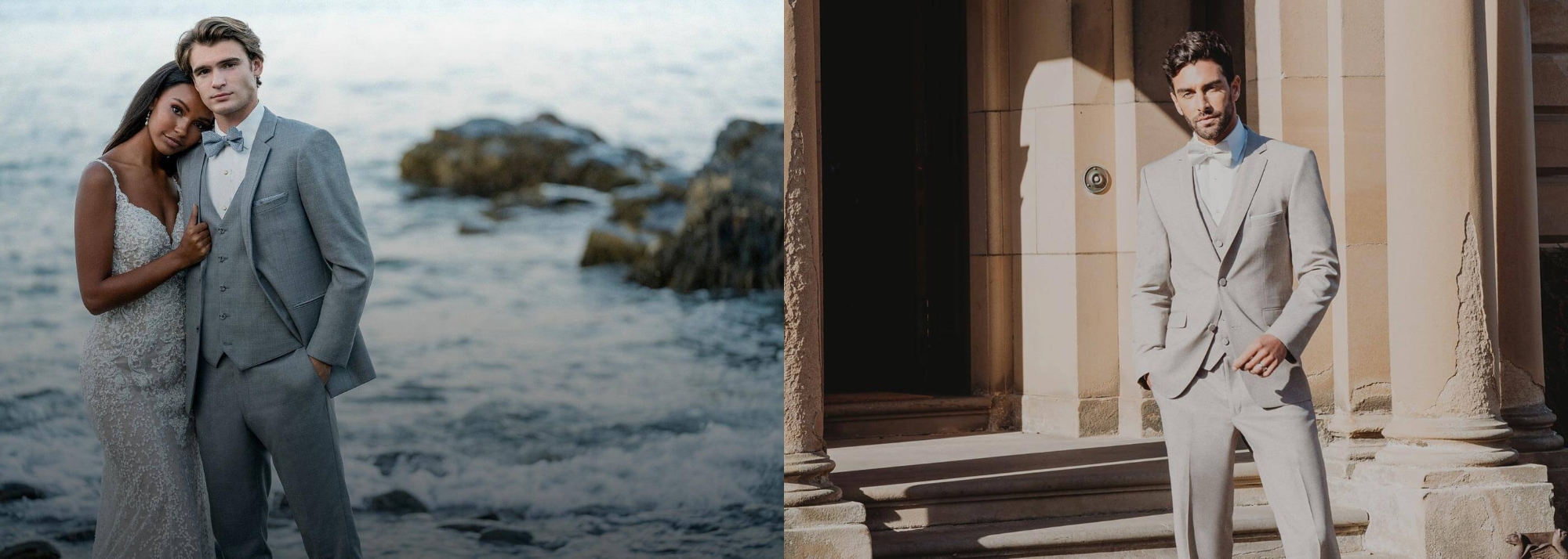 Сouple wearing a white gown and a gray suit